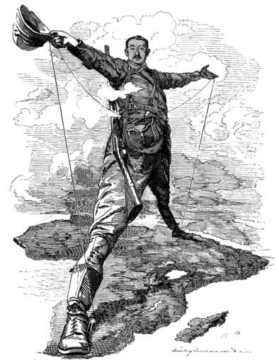 Người khổng lồ Rhodes, một hình tượng của Cecil Rhodes sau khi công bố kế hoạch nối đường điện tín từ Cape Town tới Cairo. Nó thể hiện tham vọng bành trường thuộc địa theo hướng Bắc - Nam của Anh tại châu Phi. Ảnh: Wikipedia.