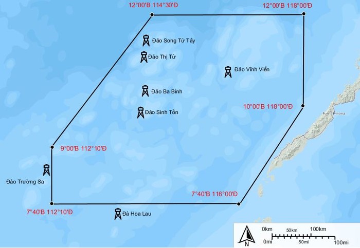 Lược đồ phạm vi nhóm đảo Kalayaan do Philippines tuyên bố chủ quyền một phần quần đảo Trường Sa của Việt Nam, thể hiện trong Sắc lệnh số 1596 của tổng thống Philippines. Ảnh: https://commons.wikimedia.org/wiki/File:Kalayaan_Island_Group_(vi).png