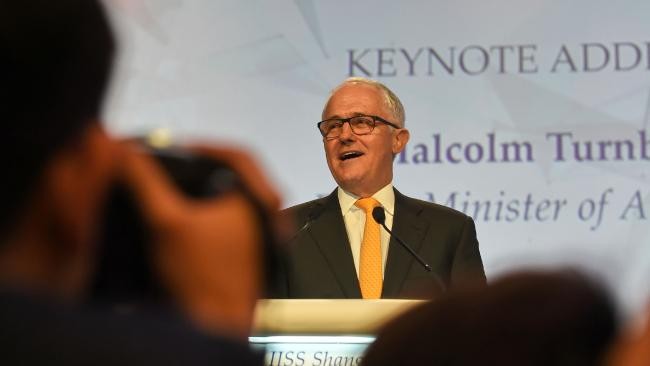 Thủ tướng Australia Malcolm Turnbull phát biểu tại Đối thoại Shangri-la lần thứ 16, ảnh: The Australian.
