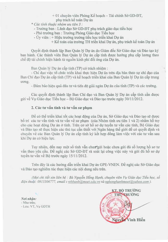 Công văn số 7366/BGDĐT-GDTH ngày 2/11/2012, về việc hướng dẫn một số hoạt động triển khai Dự án GPE-VNEN, do Thứ trưởng Nguyễn Vinh Hiển ký, trang 2.