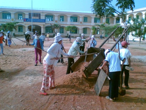 Ảnh minh họa: Phụ huynh trường Trung học cơ sở Nguyễn Khuyến tham gia lao động xây dựng trường. Nguồn ảnh: http://nkhuyen.violet.vn.