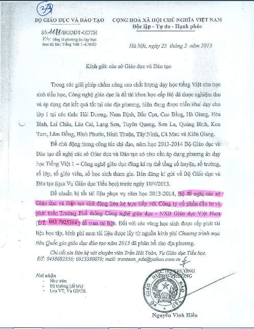Công văn số 1181/BGDĐT - GDTH về việc đăng ký phương án dạy học theo tài liệu Tiếng Việt 1 - CNGD trên trang congnghegiaoduc.vn với dòng đánh dấu màu hồng gây chú ý.