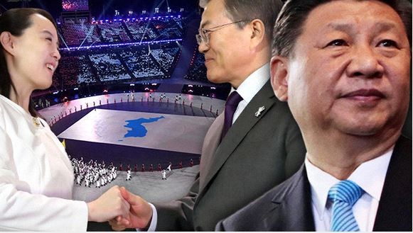Hình minh họa, Tổng thống Hàn Quốc Moon Jae-in gặp em gái ông Kim Jong-un trong khi Chủ tịch Trung Quốc Tập Cận Bình chú ý theo dõi thái độ, phản ứng của Tổng thống Mỹ Donald Trump. Ảnh: Nikkei Asia Review.