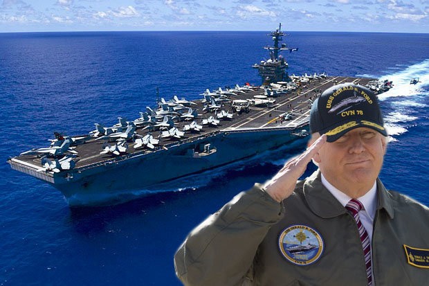 Tổng thống Mỹ Donald Trump và tàu sân bay USS Carl Vinson, ảnh minh họa: dailystar.co.uk