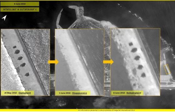 Ảnh chụp từ vệ tinh bờ Bắc đảo Phú Lâm các ngày 20/5, 3/6, 8/6 do ISI cung cấp cho CNN.