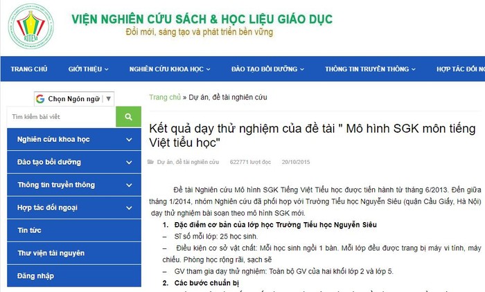 Ảnh chụp màn hình thông tin trên website Viện Nghiên cứu sách và học liệu giáo dục, Nhà xuất bản Giáo dục Việt Nam về đề tài &quot;mô hình sách giáo khoa môn tiếng Việt tiểu học&quot;.
