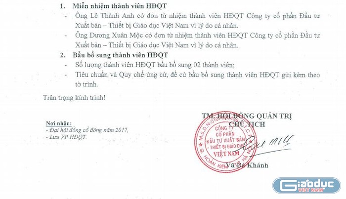 Ảnh chụp một phần Tờ trình số 01/2017/TT-HĐQT ngày 3/1/2017 về việc bầu bổ sung thành viên Hội đồng quản trị VEPIC do ông Vũ Bá Khánh - Chủ tịch Hội đồng quản trị VEPIC thời điểm đó ký.