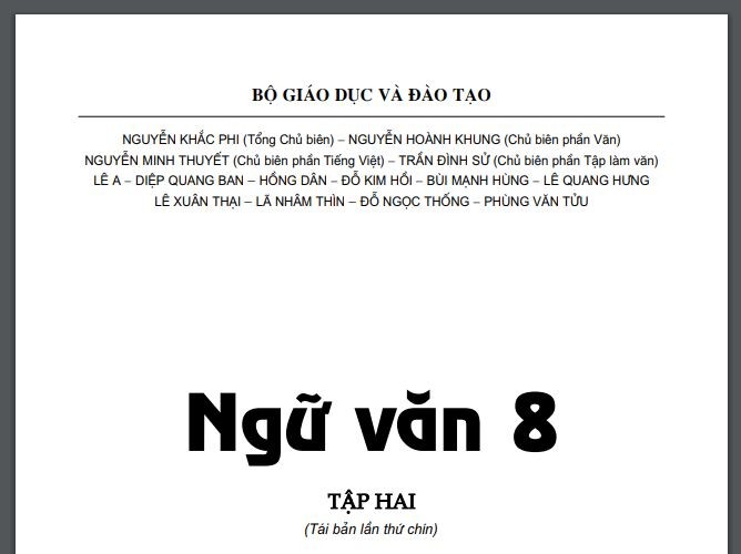 Riêng sách Ngữ văn 8, tập 2 của chương trình 2000 cũng đã có 3 vị hiện nay làm tổng chủ biên 3 bộ sách ngữ văn mới của VEPIC, HEID và Nhà xuất bản Giáo dục Việt Nam. Ảnh chụp màn hình.