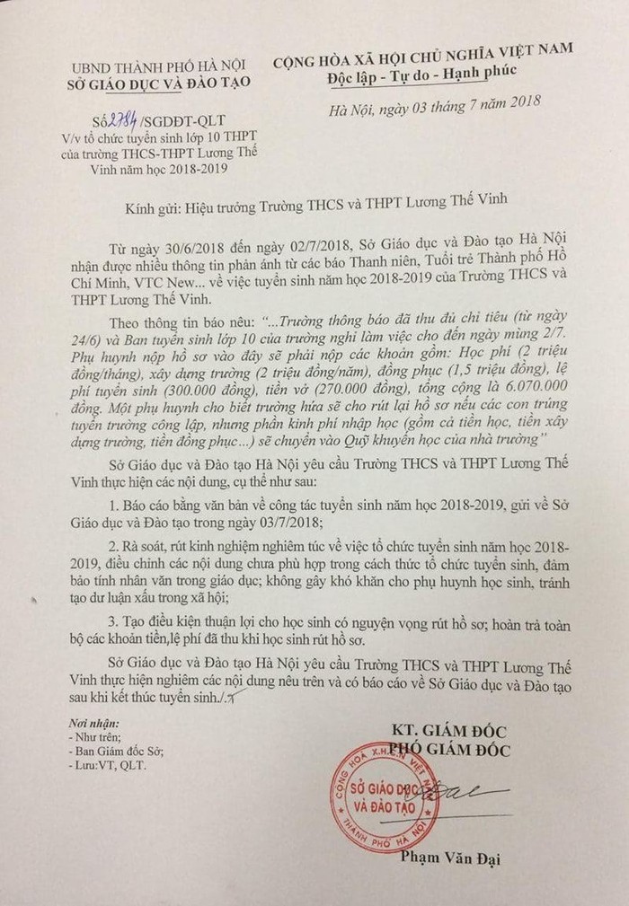 Công văn số 2784/SGDĐT-QLT ngày 3/7/2018 do Phó giám đốc Sở, ông Phạm Văn Đại ký.