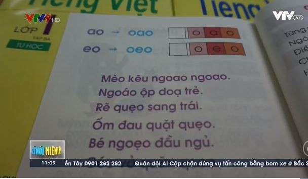 Ảnh chụp màn hình phóng sự của VTV về những băn khoăn của cha mẹ học sinh đồng bằng sông Cửu Long về sách Tiếng Việt 1 Công nghệ giáo dục, vì chính họ cũng không hiểu nổi, làm sao hướng dẫn được con em mình?
