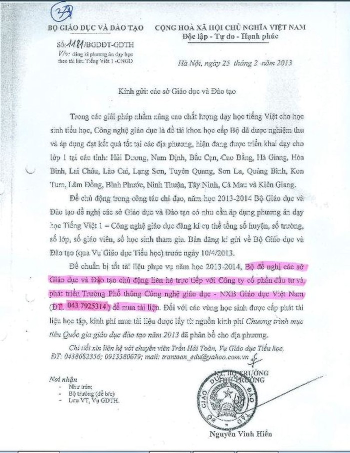 Công văn số 1181/BGDĐT-GDTH của Bộ Giáo dục và Đào tạo, do Thứ trưởng Nguyễn Vinh Hiển ký. Phần tô hồng do trang congnghegiaoduc.vn (đã đóng) lưu ý.