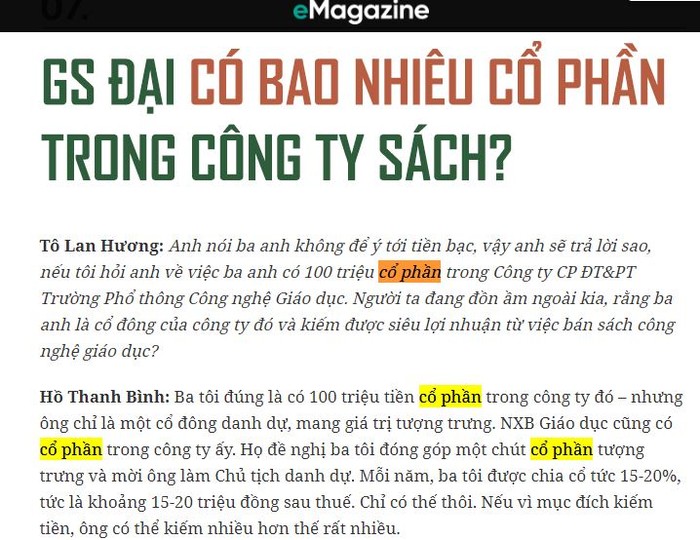 Ảnh chụp màn hình một phần bài phỏng vấn của nhà báo Tô Lan Hương, Báo Trí Thức Trẻ / Soha.