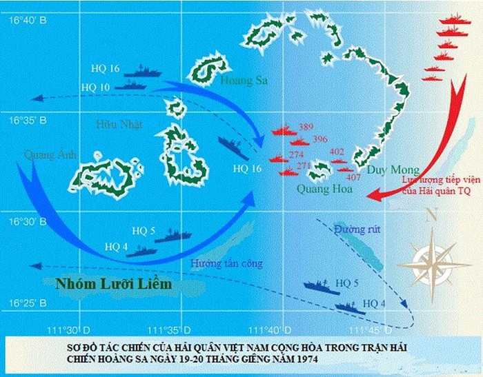 Sơ đồ tác chiến của Hải quân Việt Nam Cộng hòa trong trận hải chiến Hoàng Sa ngày 19-20 tháng Giêng năm 1974, ảnh do Tiến sĩ Trần Công Trục cung cấp.