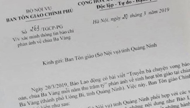 Ảnh chụp một phần công văn Ban Tôn giáo Chính phủ yêu cầu xác minh vụ việc tại chùa Ba Vàng, ảnh: VTV.vn.