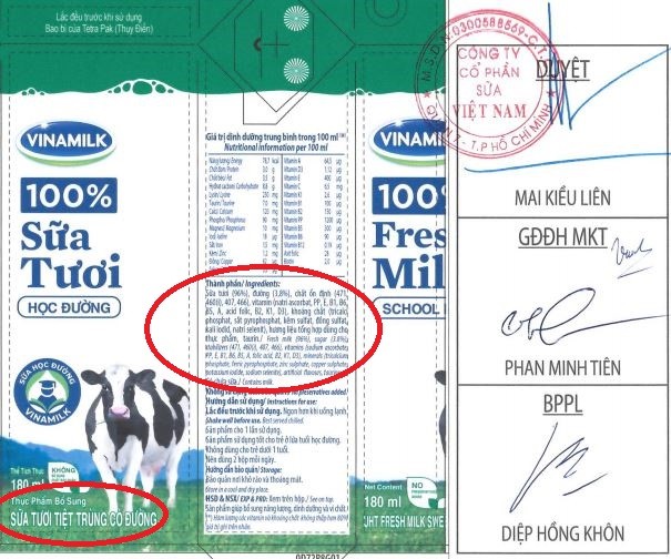 Ảnh chụp màn hình phần công bố sản phẩm sữa học đường Vinamilk đang cung cấp cho Hà Nội. 2 vòng tròn đỏ khoanh vùng lưu ý thông tin &quot;thực phẩm bổ sung&quot;, một phân nhóm thực phẩm chức năng do Bộ Y tế quản lý, và thành phần có 14 loại vi chất bổ sung vượt quy định của Thủ tướng.