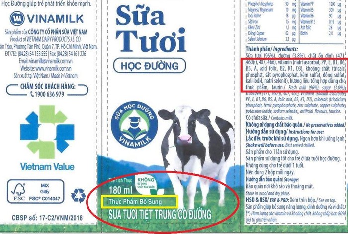 Bao bì sản phẩm trên của Vinamilk thể hiện rõ thông tin sản phẩm thuộc nhóm thực phẩm bổ sung, thực phẩm chức năng do Bộ Y tế quản lý theo Thông tư 43/2014/TT-BYT, không còn là sữa tươi.