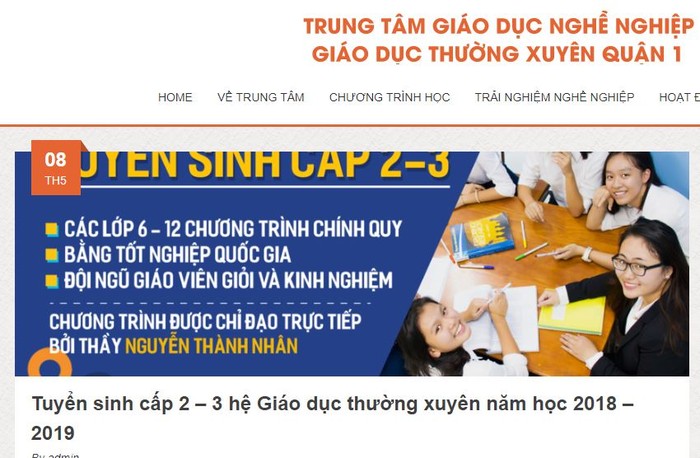 Ảnh chụp màn hình thông báo tuyển sinh trên website Trung tâm Giáo dục nghề nghiệp - giáo dục thường xuyên Quận 1, thành phố Hồ Chí Minh, hình ảnh chỉ có tính chất minh họa. Nguồn: giaoducnghenghiepquan1.edu.vn.