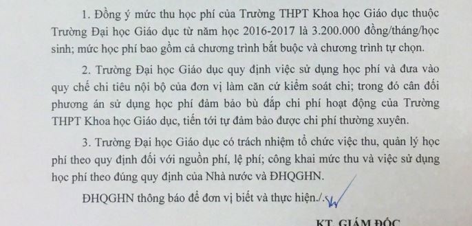 Ảnh chụp một phần văn bản số 3306/ĐHQGHN-KHTC ngày 24/10/2016 của Đại học Quốc gia Hà Nội về mức thu học phí của Trường Trung học phổ thông Khoa học giáo dục.