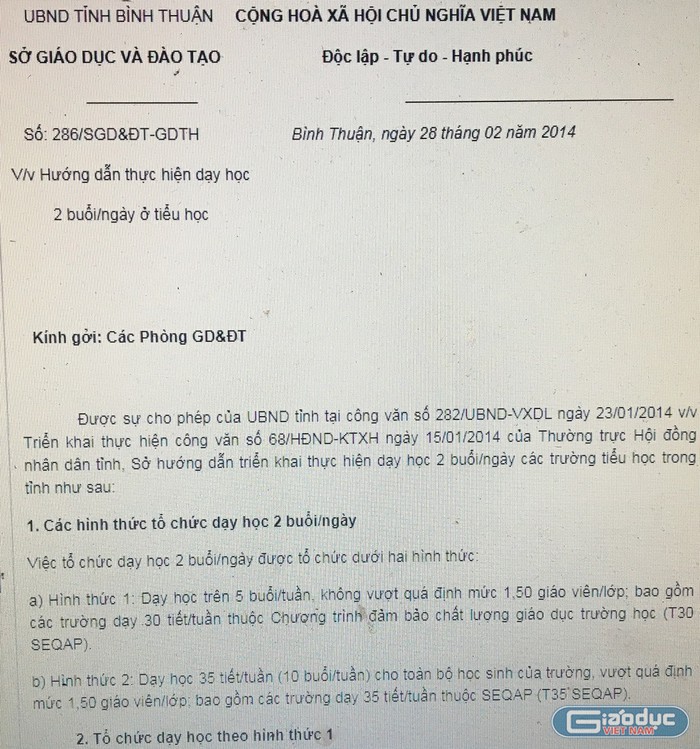 Các trường tiểu học tại Bình Thuận đang thực hiện dạy buổi 2 theo công văn 286 (Ảnh tác giả).