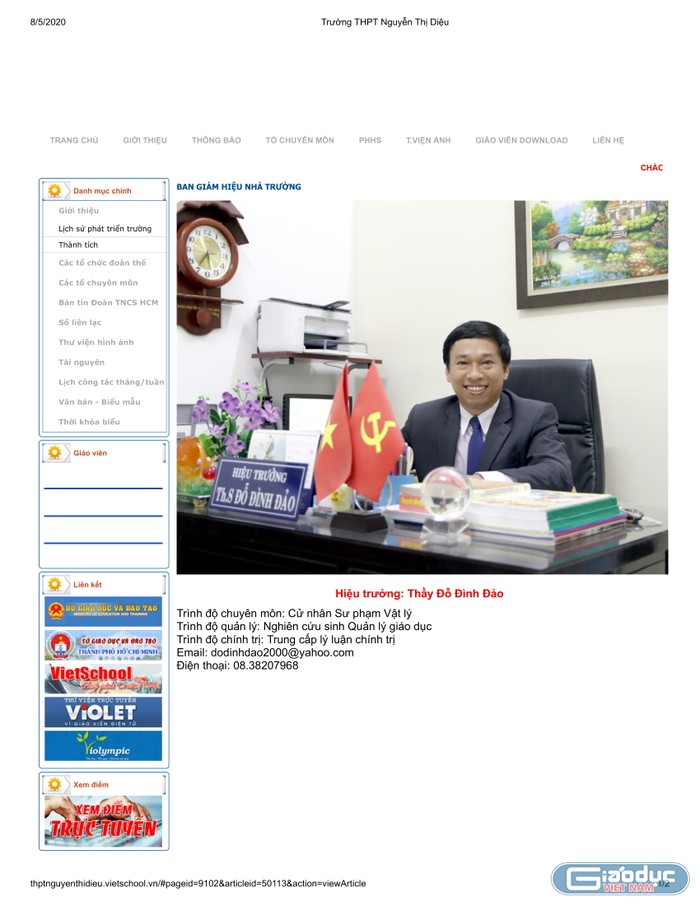 Ảnh chụp màn hình website Trường Trung học phổ thông Nguyễn Thị Diệu ngày 5/8/2020, vẫn giới thiệu ông Đỗ Đình Đảo là hiệu trưởng trường này.