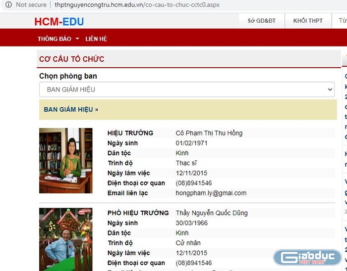 Ảnh chụp màn hình website trường Trung học phổ thông Nguyễn Công Trứ, phần giới thiệu ban giám hiệu. Ảnh chỉ mang tính chất minh họa.