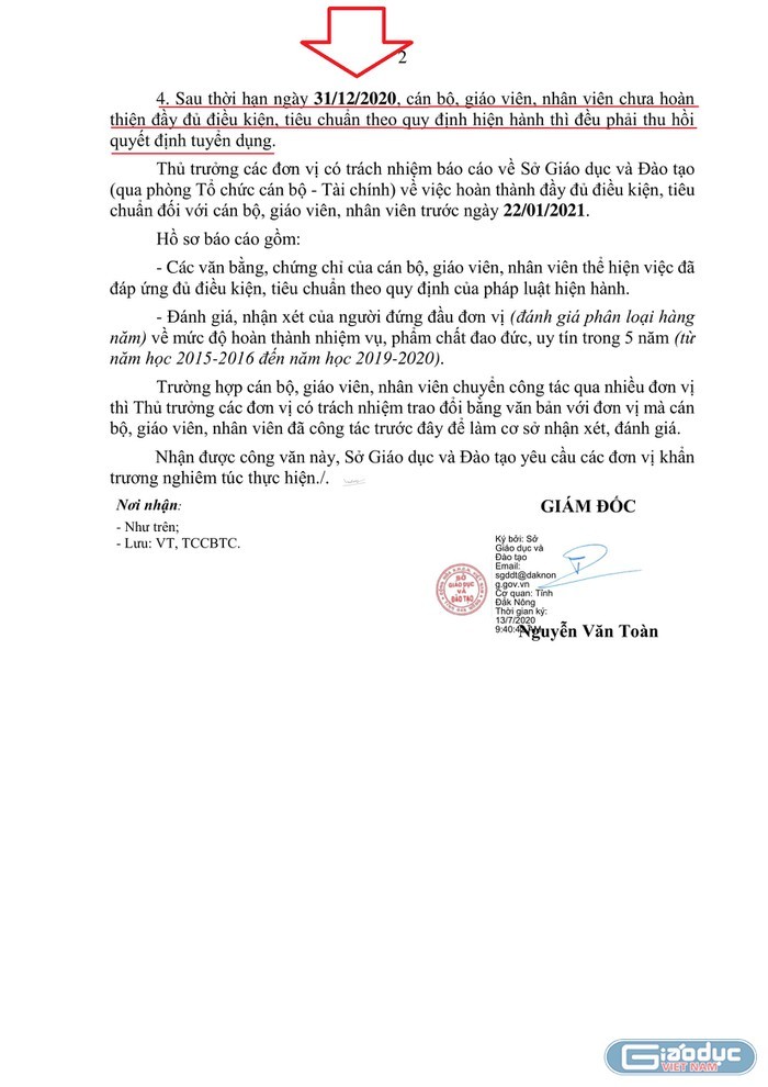 Ảnh chụp trang cuối công văn 909/SGDĐT-TCCBTC, ngày 13/7/2020 của Sở Giáo dục và Đào tạo Đắk Nông mà nhiều giáo viên nhận được qua email lãnh đạo nhà trường chuyển, ảnh do thầy cô cung cấp.