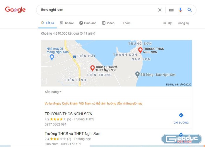 Trường THCS Nghi Sơn, Trường THCS và THPT Nghi Sơn là 2 cơ sở giáo dục khác nhau, ảnh chụp màn hình.