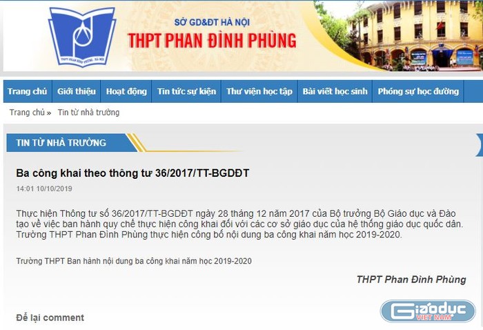 Ảnh chụp màn hình thông báo ba công khai theo Thông tư 36/2017/TT-BGDĐT của Trường Trung học phổ thông Phan Đình Phùng, Hà Nội, nhưng bên trong không có nội dung.
