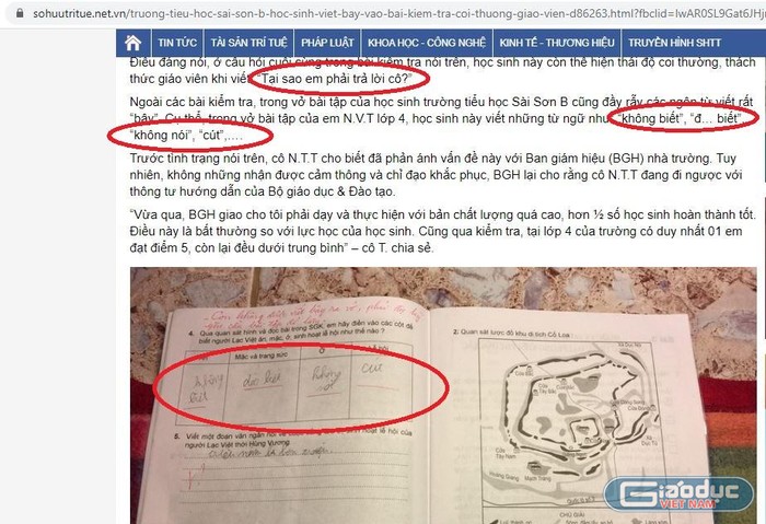 Ngôn từ “bậy” thể hiện ngay trong vở bài tập được cho là của học sinh Trường Tiểu học Sài Sơn B, ảnh chụp màn hình bài viết đăng trên Tạp chí Sở hữu trí tuệ)