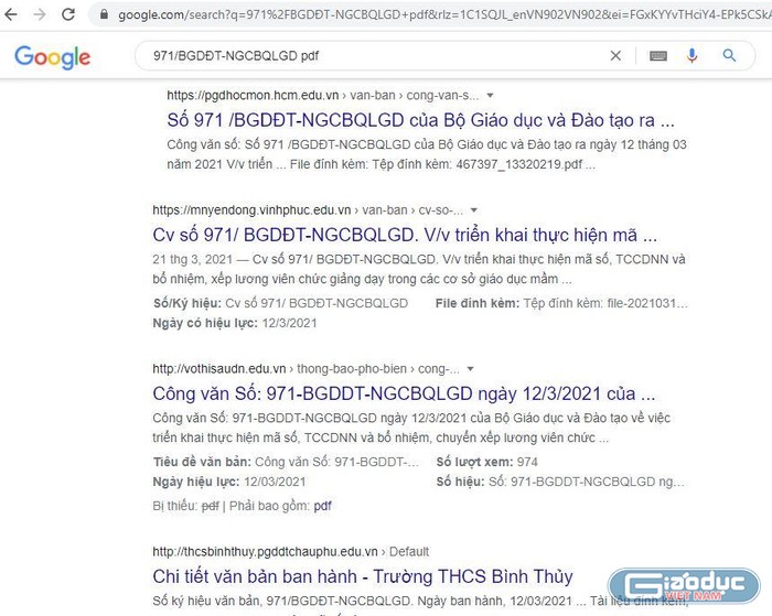 Kết quả tìm kiếm Công văn 971/BGDĐT-NGCBQLGD trên Google.