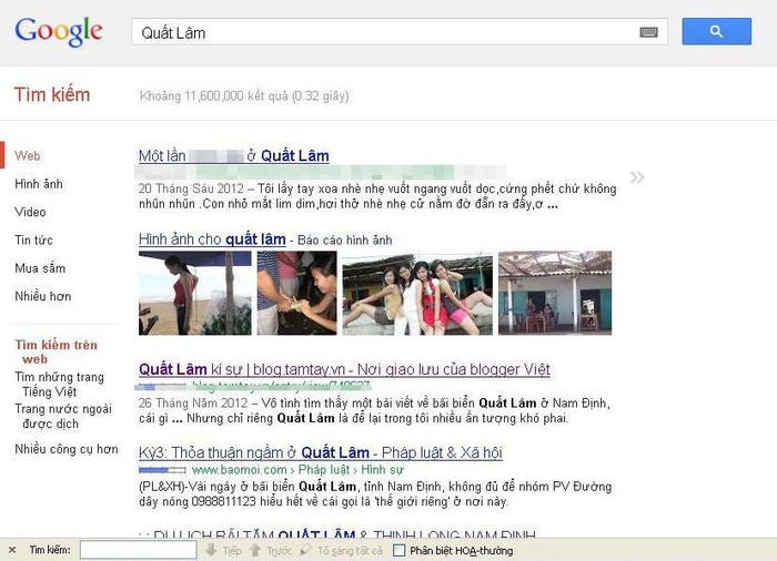 Chỉ gõ 2 từ Quất Lâm trên Google, chỉ trong 0,32 giây đã có 11.600.000 kết quả và phần lớn là các bài viết, hình ảnh về mại dâm ở Quất Lâm.