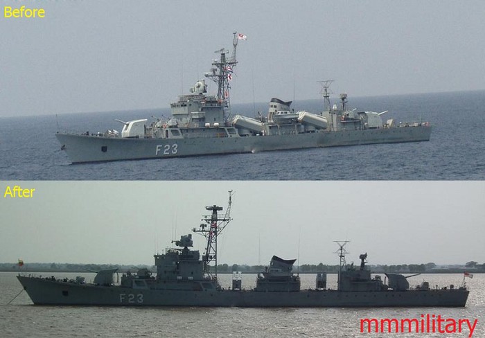 F23 Mahar Thiha Thura (Type 053H1 Giang Hộ-2) là một trong hai tàu khu trục lớp 053H1 mà Trung Quốc bàn giao cho Hải quân Myanmar vào tháng 2 năm 2012 (chiếc còn lại là F21 Mahar Bandoola). Tàu khu trục Type 053H1 Giang Hộ-2 (được phát triển từ Type 053H1 Giang Hộ-1 là một sửa đổi của tàu tuần tra 50 Liên Xô) được Trung Quốc xây dựng trong những năm 1981-1988 tại Nhà máy đóng tàu Hudong ở Thượng Hải. Tổng cộng Hải quân Trung Quốc đã đóng 10 chiếc 053H1, trong đó có một chiếc bán cho Bangladesh vào năm 1989 mang tên F18 Osman và 2 chiếc cho Hải quân Ai Cập vào năm 1984-1985 (951 Najim Al-Zafir và 956 El Nasser). Trong ảnh là khu trục hạm Mahar Thiha Thura trước và sau khi được hiện đại hóa.