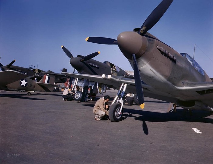 Chiến đấu cơ P-51 Mustang chuẩn bị bay thử nghiệm tại sân bay của công ty hàng không Bắc Mỹ ở Inglewood, California, 1942.