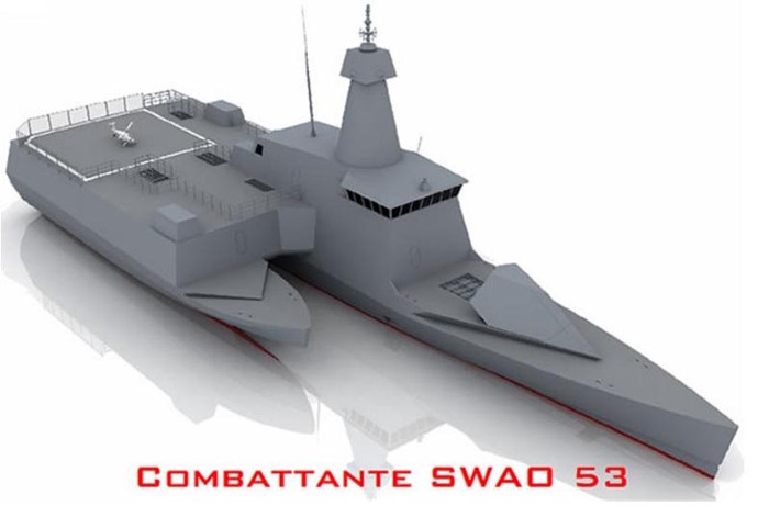 SWAO (Small waterplane area outrigger) có cấu tạo gồm một thân tàu chính lớn và một thân tàu nhỏ hơn. Với kiến trúc phi đối xứng này, con tàu sẽ có nhà chứa và sàn đáp lớn hơn cho các máy bay trực thăng và UAV.
