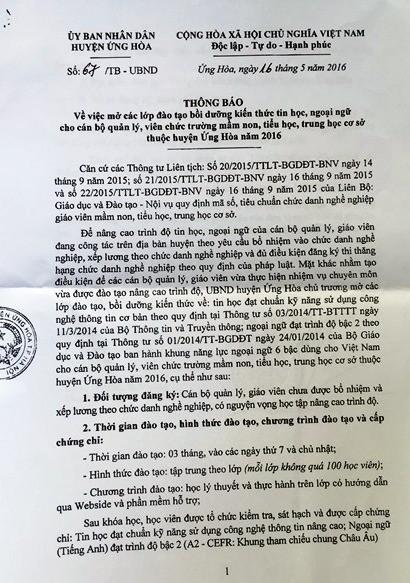 Thông báo của UBND huyện Ứng Hòa về việc đào tạo và thi sát hạch chương trình tin học, ngoại ngữ cho cán bộ giáo viên