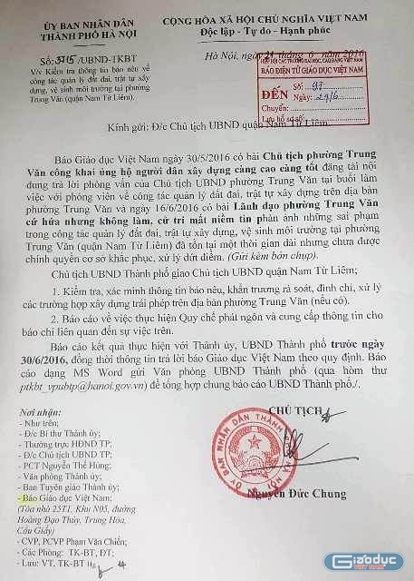 Công văn của Chủ tịch UBND TP. Hà Nội yêu cầu Chủ tịch UBND quận Nam Từ Liêm chỉ đạo, làm rõ thông tin, sai phạm tại phường Trung Văn (Ảnh Chí Nhân)