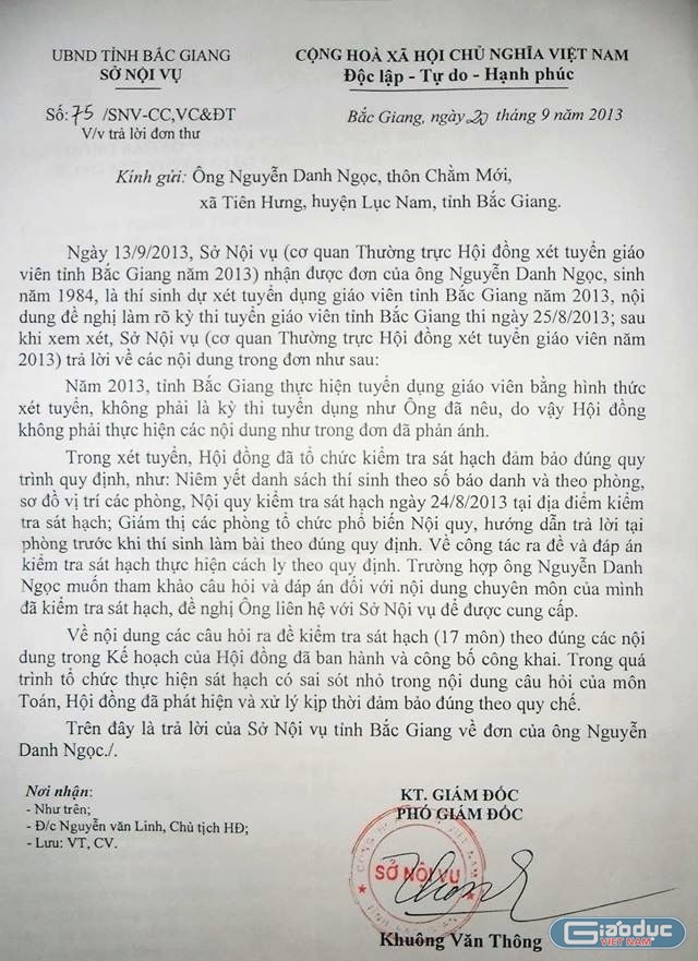 Vào năm 2013, trả lời đơn thư ứng viên, Sở Nội vụ tỉnh Bắc Giang đã nhận có sai sót trong việc ra đề thi. Đồng thời ứng viên cũng chưa đồng thuận với nội dung trả lời trên. (Ảnh MC)
