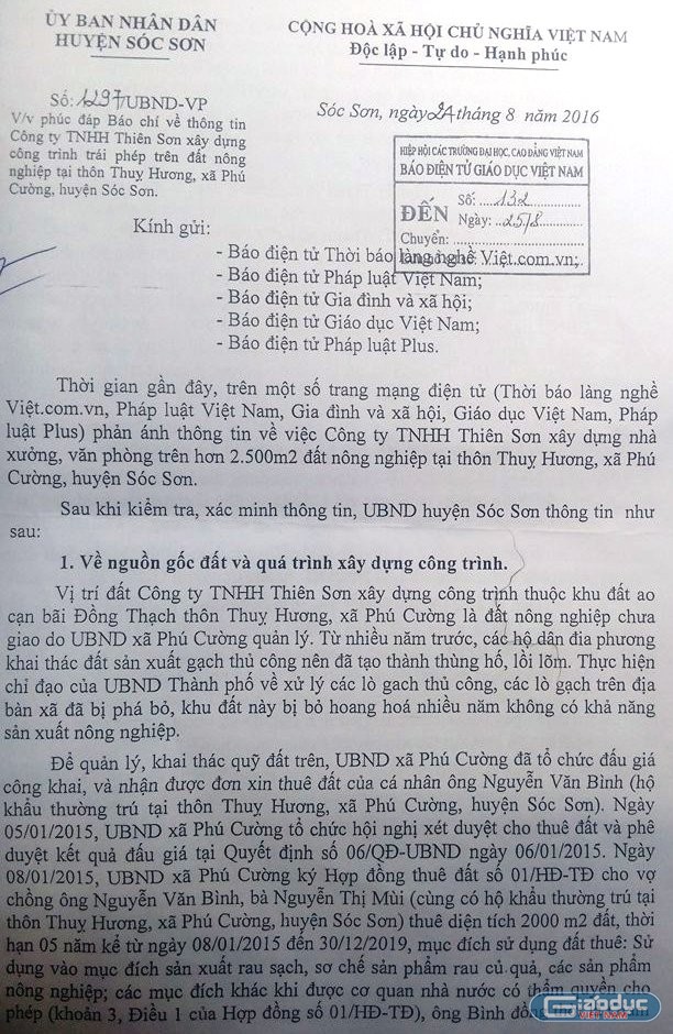 Công văn phúc đáp báo chí của UBND huyện Sóc Sơn trong việc xử lý vi phạm đối với Công ty TNHH Thiên Sơn (Ảnh MC)