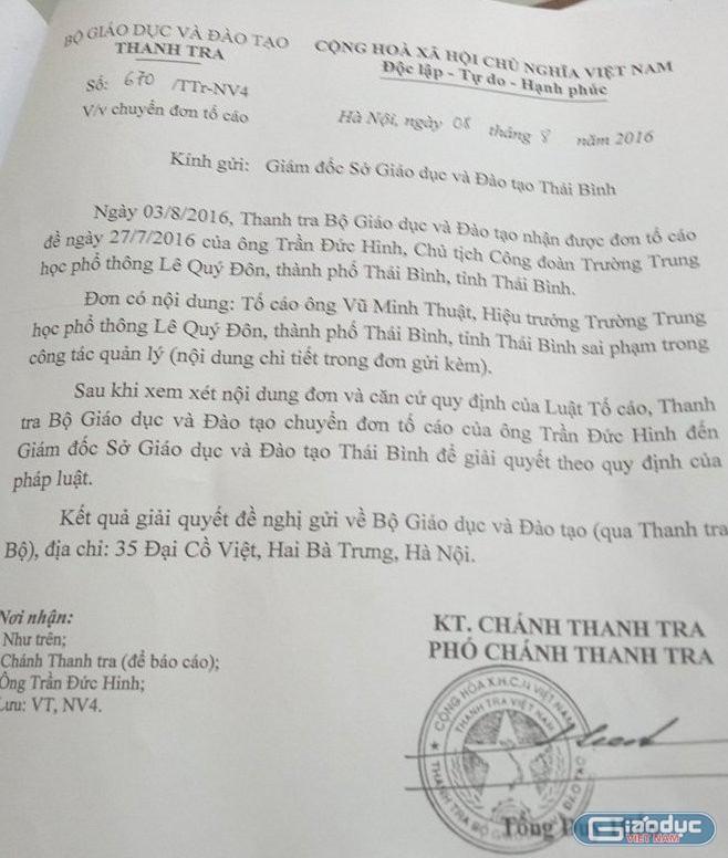 Mặc dù Thanh tra Bộ Giáo dục và Đào tạo đã ban hành 3 văn bản yêu cầu Giám đốc Sở Giáo dục và Đào tạo tỉnh Thái Bình xử lý vụ việc nhưng đến nay vẫn chưa có báo cáo kết quả giải quyết (ảnh MC)