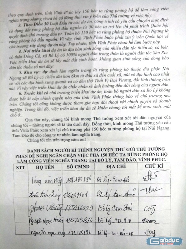 Tâm thư của những người dân gắn bó với đất rừng thuộc xã Bồ Lý, huyện Tam Đảo, tỉnh Vĩnh Phúc gửi đến Thủ tướng Chính phủ (ảnh HC)