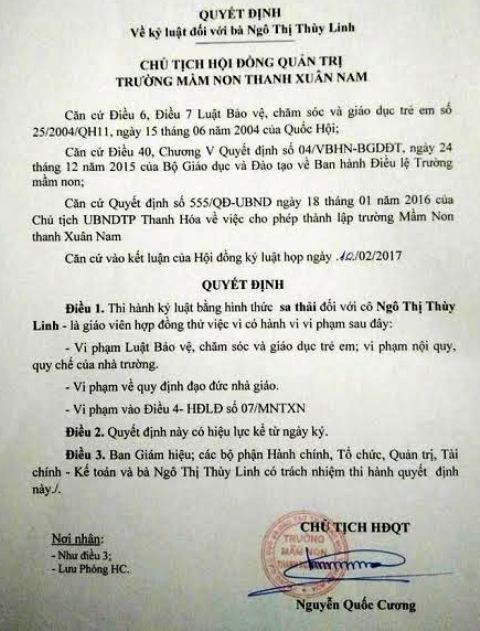 Quyết định sa thải giáo viên Ngô Thị Thùy Linh (ảnh AT)