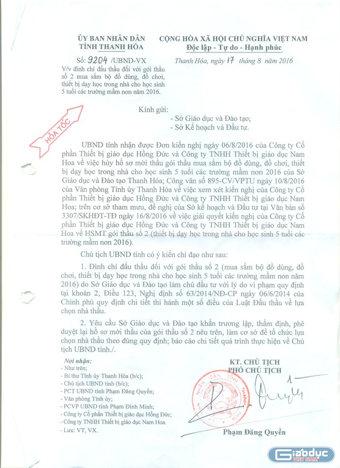Công văn 9204/UBND-VX về việc đình chỉ dấu thầu đối với gói thầu số 2 của UBND tỉnh Thanh Hóa (ảnh MC)