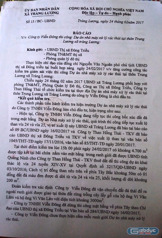 Báo cáo số 15/BC-UBND của Uỷ ban nhân dân xã Tràng Lương về việc Công ty Viễn Đông cố tình không thực hiện việc cắm mốc giới, không đổ bãi thải ra ngoài mốc giới