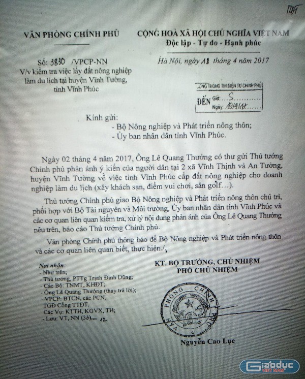 Công văn số 3830/VPCP-NN truyền đạt ý kiến chỉ đạo của Thủ tướng Chính phủ yêu cầu kiểm tra việc lấy đất nông nghiệp làm du lịch tại huyện Vĩnh Tường, tỉnh Vĩnh Phúc (ảnh nguồn Giáo dục Việt Nam)