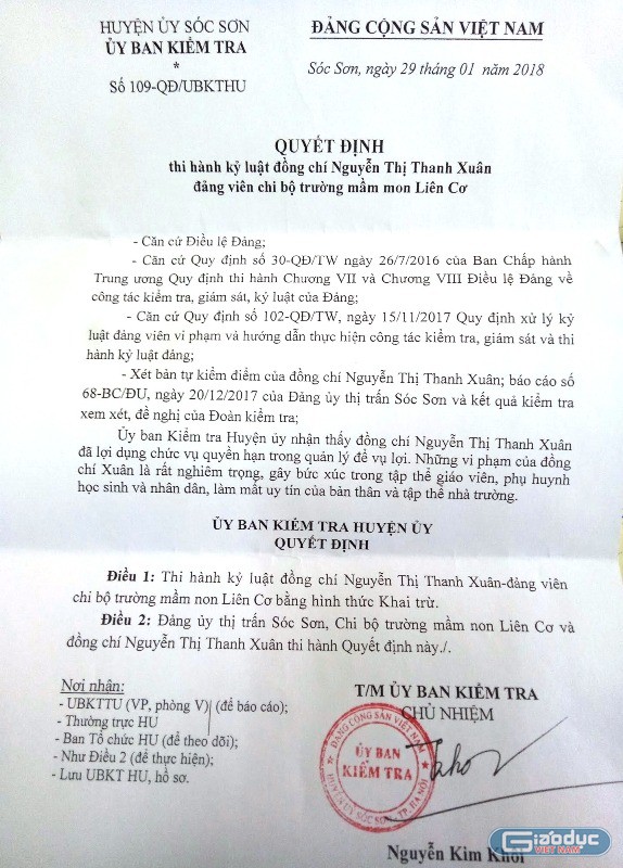 Quyết định số 109-QĐ/UBKTHU về việc thi hành kỷ luật khai trừ Đảng đối với bà Nguyễn Thị Thanh Xuân, nguyên Hiệu trưởng Trường mầm non Liên Cơ. Ảnh: Trực Ngôn.