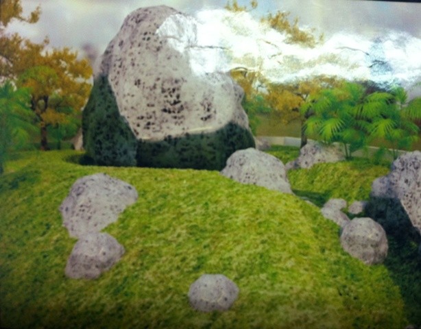Hình ảnh mô tả khối đá, cây xanh trong khu vườn