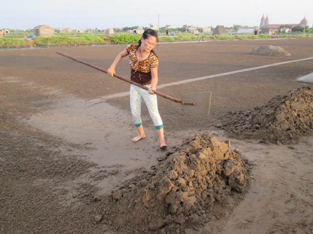 Phơi cát để giữ lại tinh thể muối biển khi nước bốc hơi