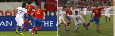 Tình huống dẫn đến xô xát giữa cầu thủ của Chile và Tây Ban Nha.