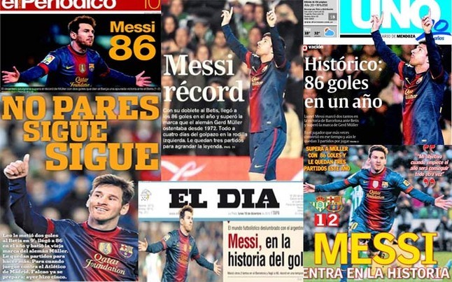 Với cú đúp vào lưới Betis, Messi chính thức xô đổ kỷ lục ghi 85 bàn thắng trong một năm của huyền thoại Gerd Muller. Thế nên, chân sút người Argentina nhận được rất nhiều lời khen ngợi từ các tờ báo trên thế giới.
