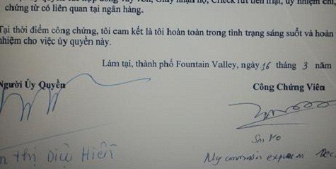 Công chứng viên Son Vo ký xác nhận việc ủy quyền của bà Hiền
